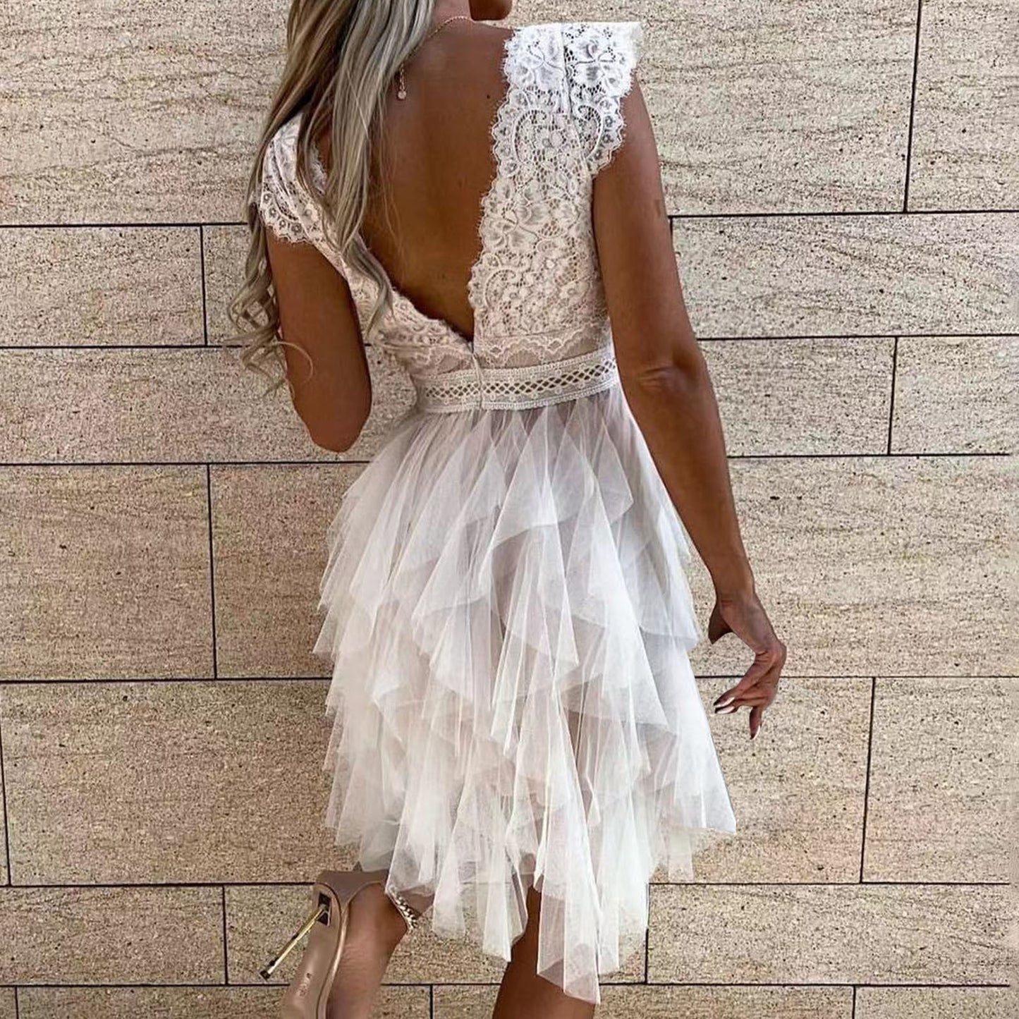 Backless White Lace Wedding Party Dress Women's Sexy Bow Lace-up Mesh Sleeveles image 1