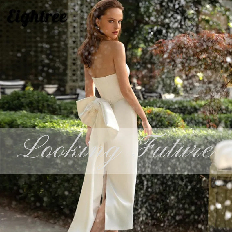 Simple White Wedding Dress Strapless Split Bridal With Bow Backless Zipper Brid image 2