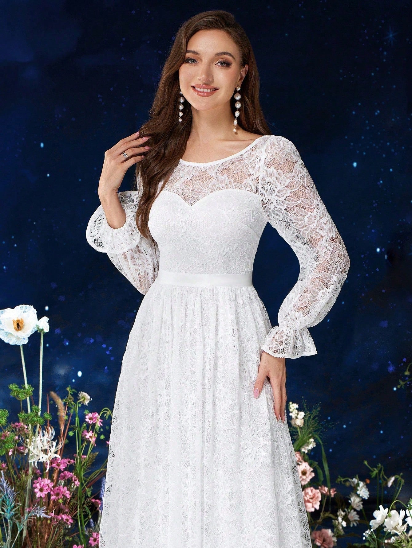 MIUSOL Full Floral Lace White Wedding Formal Maxi Dress image 7