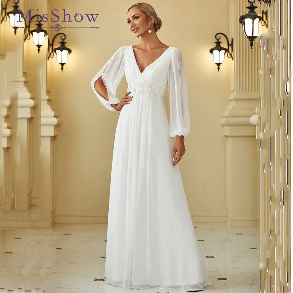MisShow Simple Wedding Dresses For Women 2024 Elegant V-Neck Chiffon White Long image 2