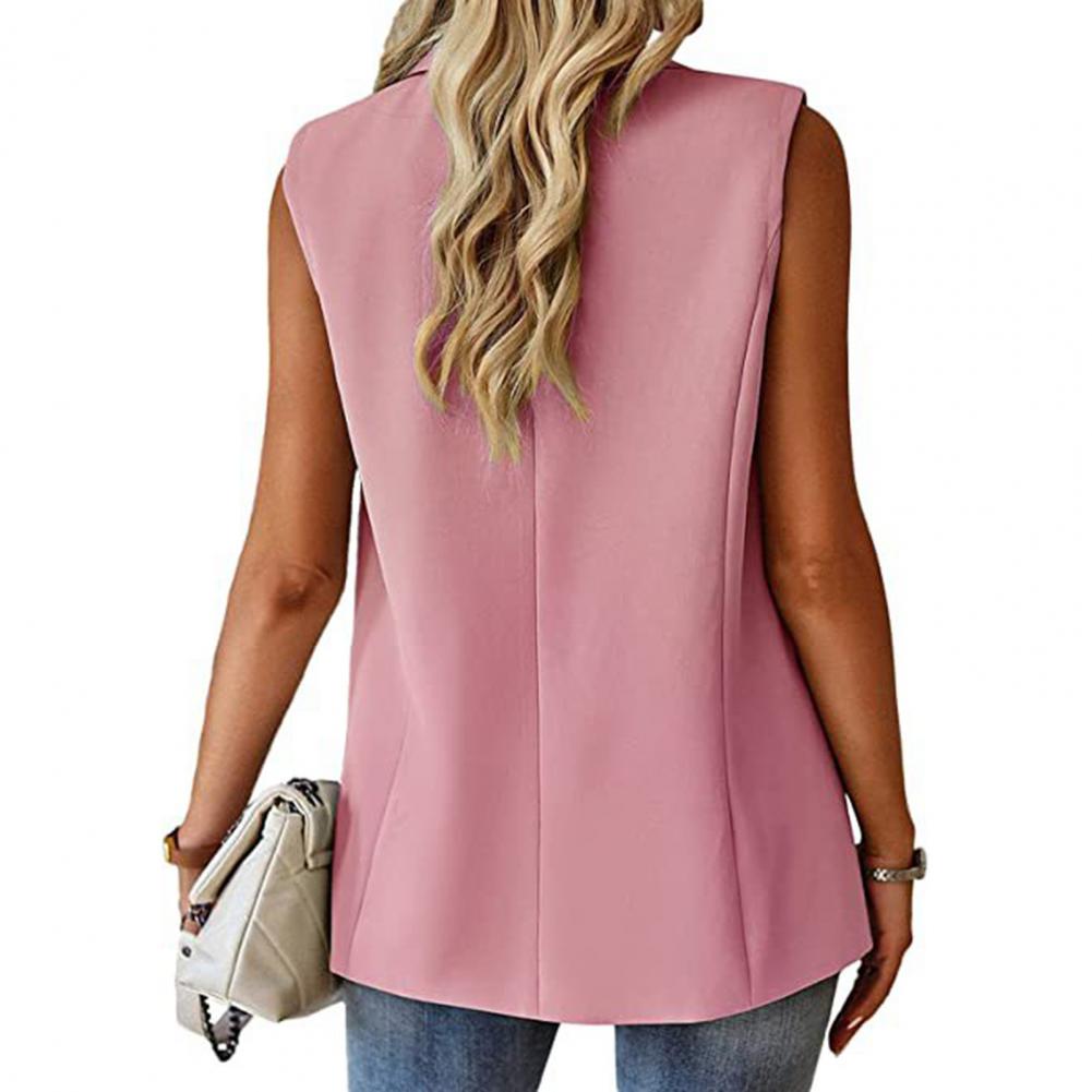 Lady Solid Color Coat Stylish Women's Sleeveless Lapel Single Button Mid Length image 5