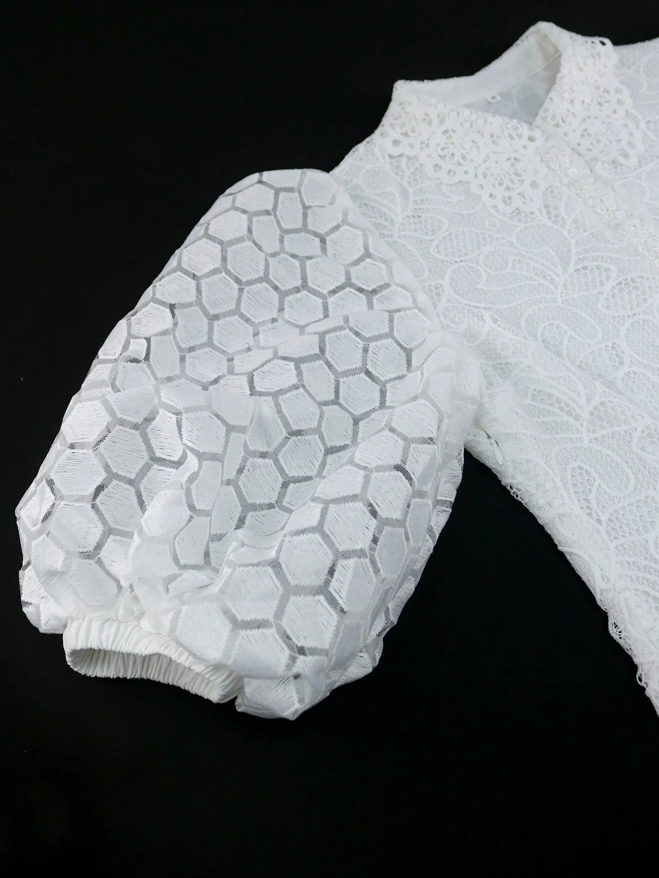 White Lace Dresses for Women Wedding Guests Elegant Turn Down Collar Puff Sleev image 3