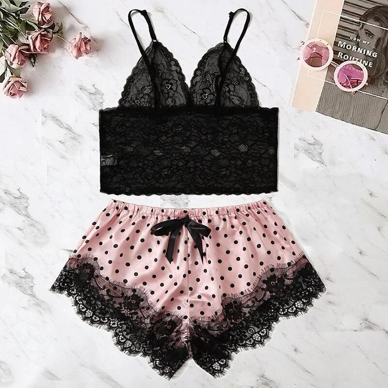 Women Cute Lace Pajamas Set Silk Satin Sleepwear Summer V-neck Sleeveless Pijam image 4