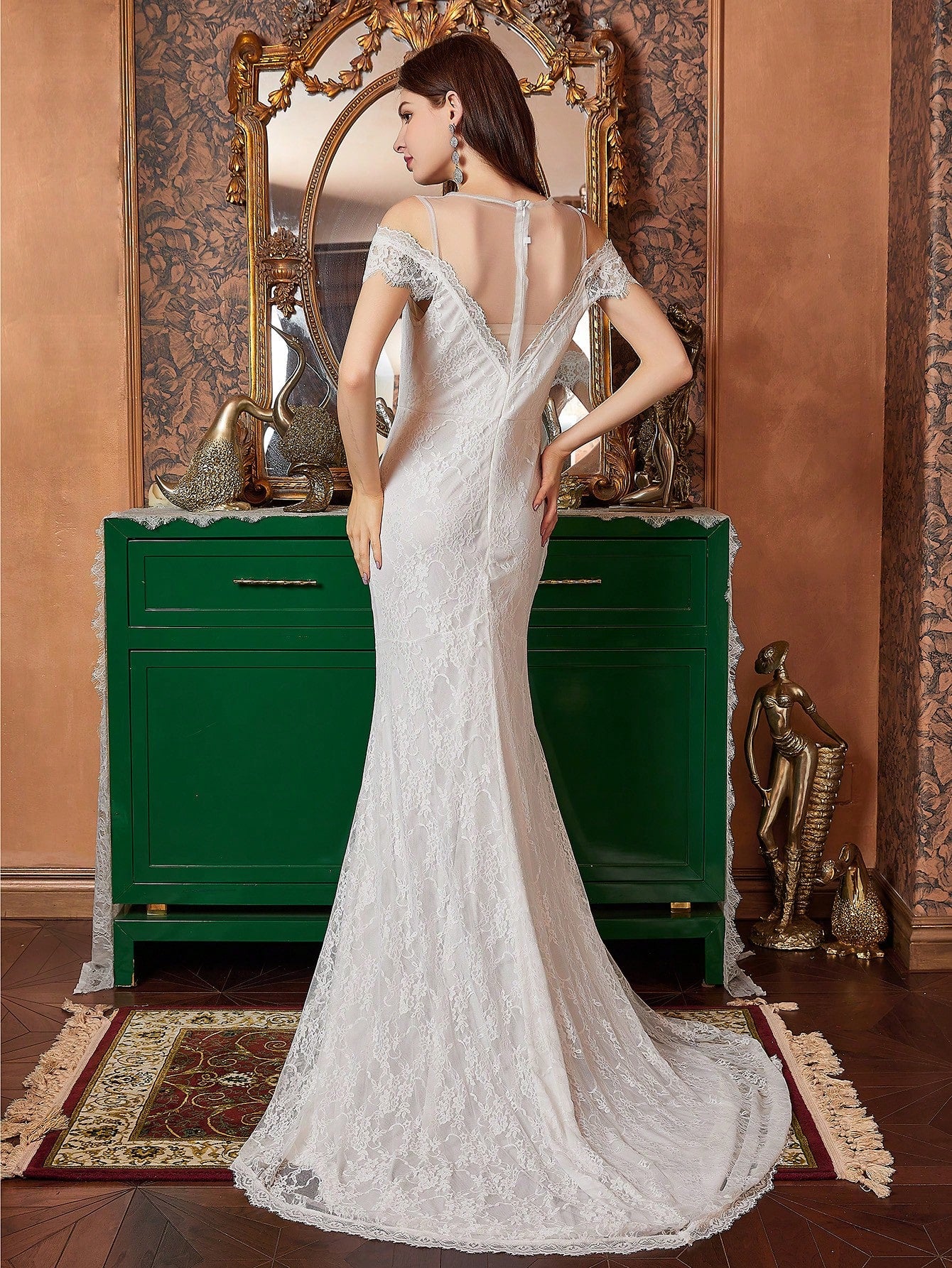 White Mesh Yoke & Lace Mermaid Wedding Dress image 1