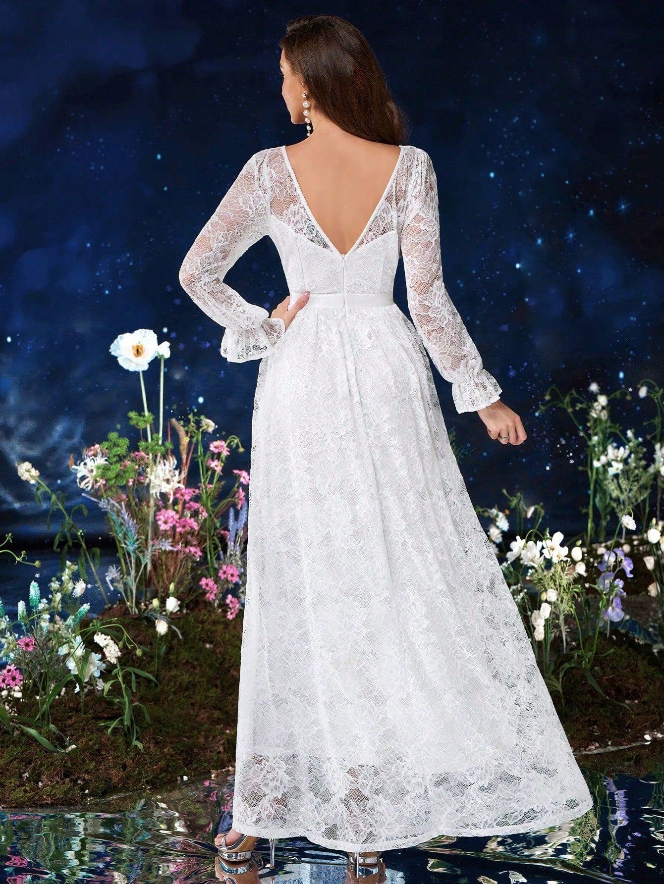 MIUSOL Full Floral Lace White Wedding Formal Maxi Dress image 1