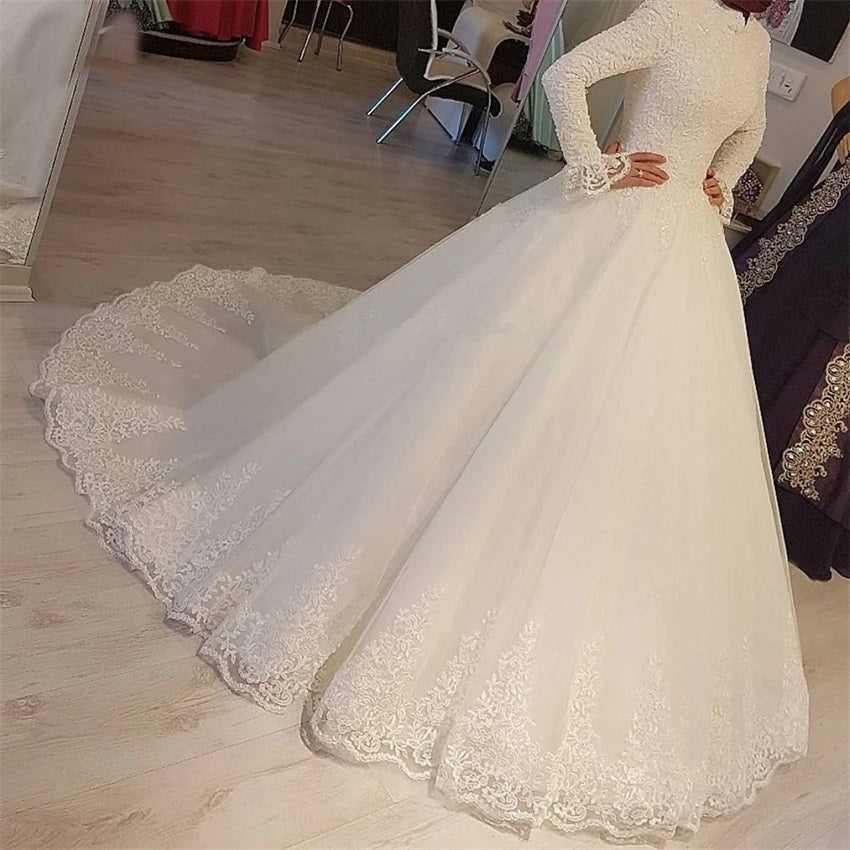 2024 White Arabic Muslim Wedding Dresses Princess High Neck Long Sleeves Lace A image 0