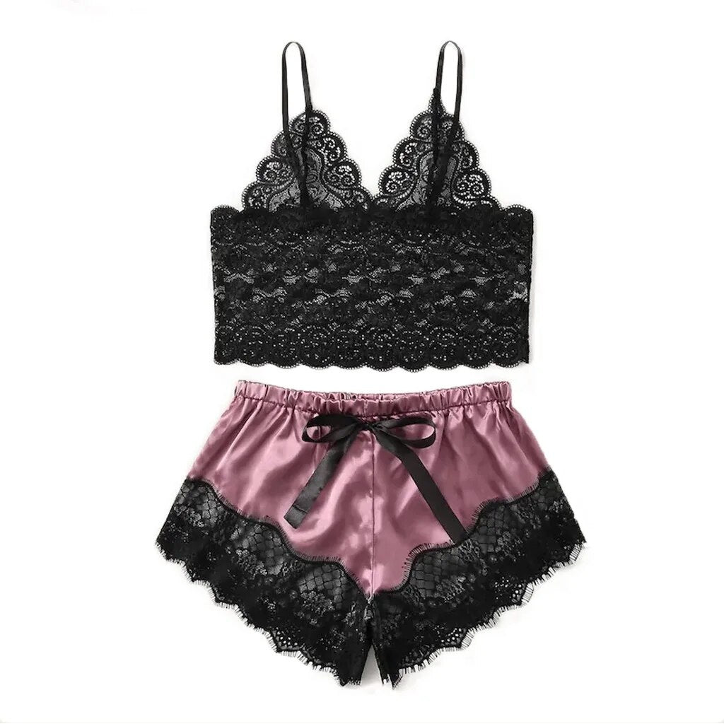 Women Cute Lace Pajamas Set Silk Satin Sleepwear Summer V-neck Sleeveless Pijam image 5