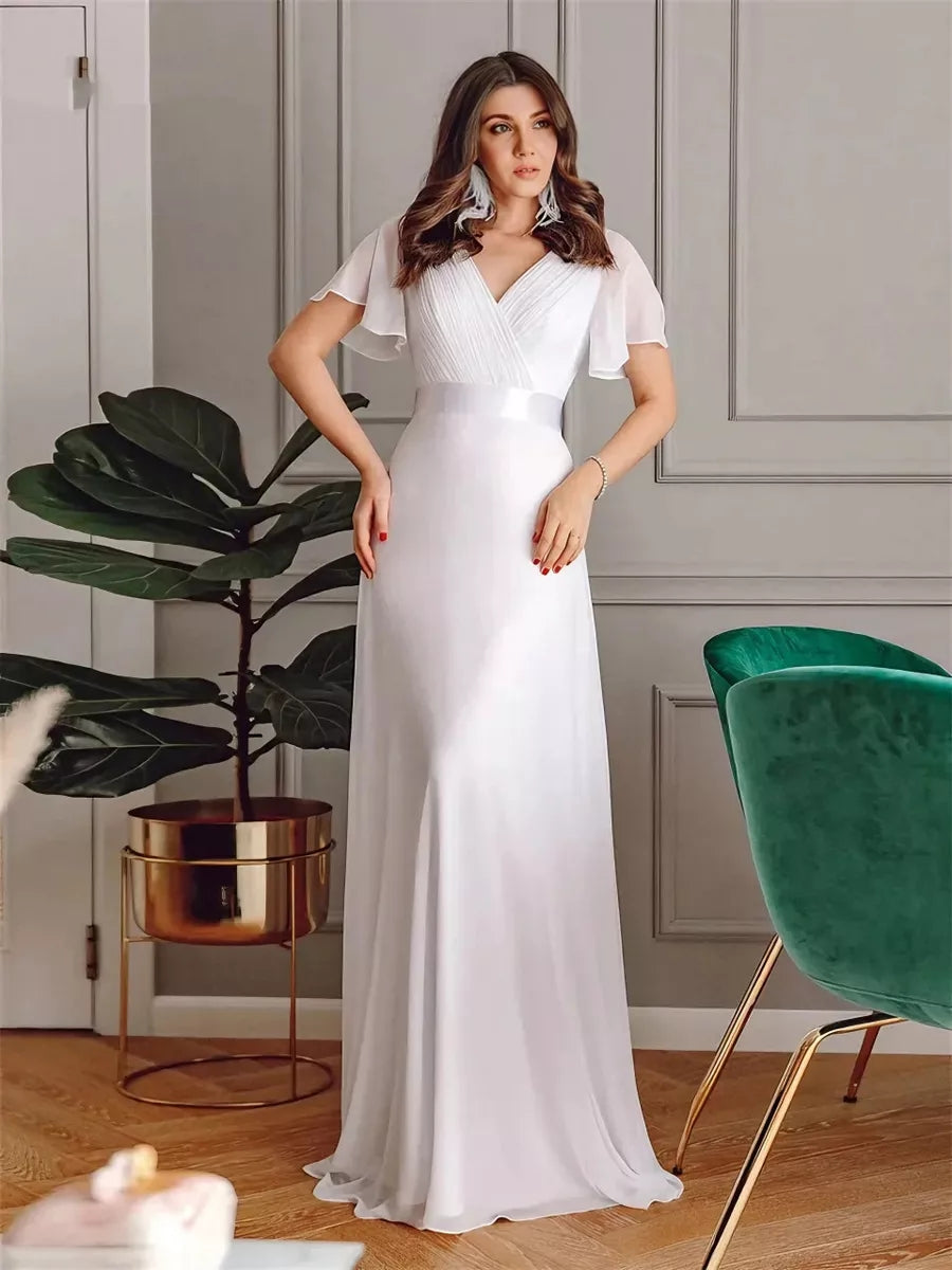 BABYONLINE Double V-Neck Ruffles White Wedding Dress Sleevelses Made with Butte image 1