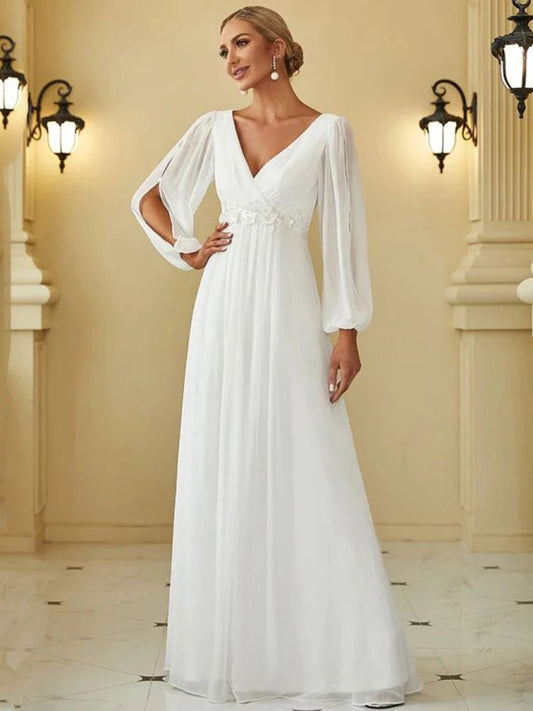 MisShow Simple Wedding Dresses For Women 2025 Elegant V-Neck Chiffon White Slit image 0