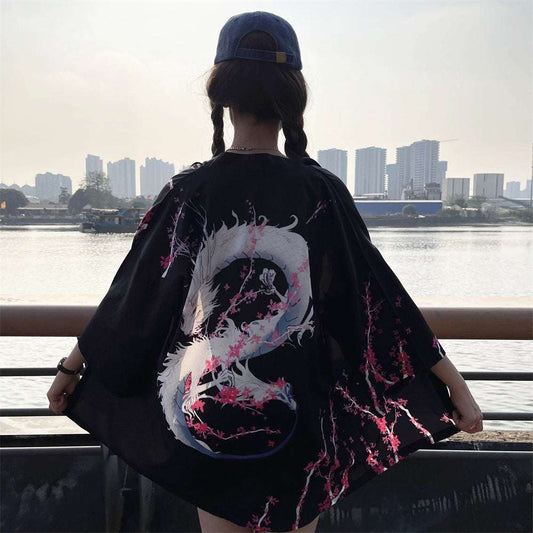 Anime Dragon Print Black Traditional Kimono Belt Summer Sale Beach Cardigan Yuk image 0