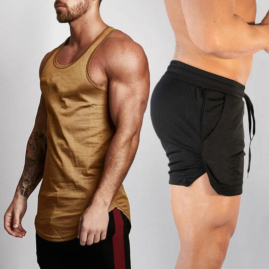 2pcs Sets Tank Top+Shorts Men Summer Joggers Suits Bodybuilding Fitness Men Tracksuits Gym Clothing Streetwear Mesh Sweatpant