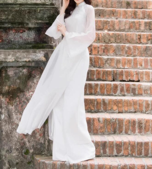 Vietnam Tradition Ao dai Cheongsam White Wedding Dress Include Pants Vintage Ru image 0