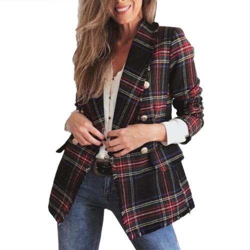 Red Plaid Blazer Women Spring-Autumn Vintage Tweed Suits Jackets Office Ladies image 2