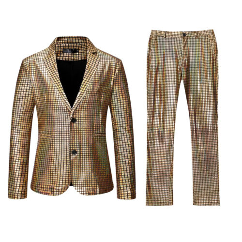 Grid Printed Men 2 Piece Suit Set Retro Punk Single Breasted Blazers A