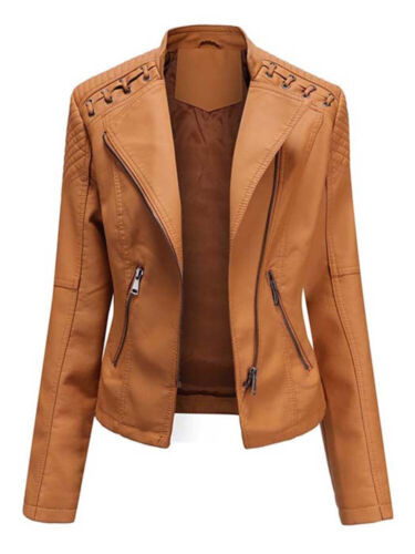 Women's Faux Leather Jackets Autumn Winter Long Sleeve Zipper Slim Mot