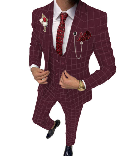 Elegant Men's Suit 3 Pieces Plaid Tuxedos Business Suits Slim Fit Doub