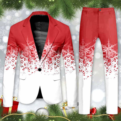 Blazer Men's Christmas 2 Piece Suit Set Snowflake Print Suit Jacket An