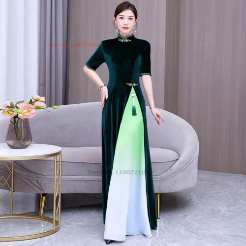 2024 aodai traditional vietnam velvet cheongsam dress gradient color v