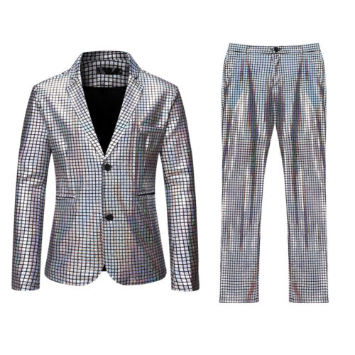 Grid Printed Men 2 Piece Suit Set Retro Punk Single Breasted Blazers A