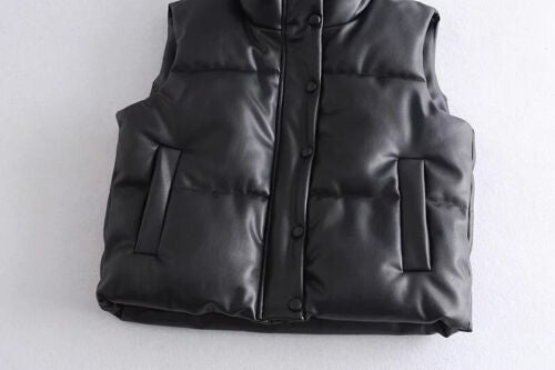 Autumn Winter PU Leather Coat Women Black Stand Collar Vests Women Fas