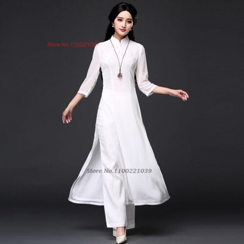 2024 traditional folk style aodai dress+pants set vietnam chiffon aoda