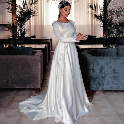 Elegant Satin Custom Made A Line Wedding Dress For Women 2024 Buttons