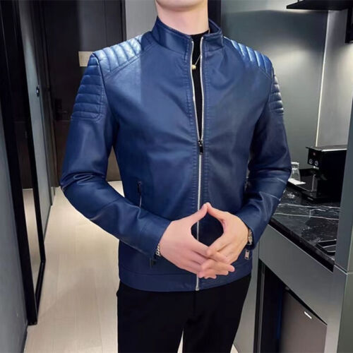 Motorcycle PU Leather Jacket Men Blue Leahter Jacket Male Stand Collar