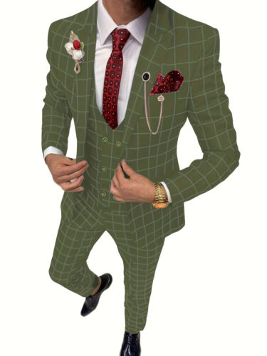 Elegant Men's Suit 3 Pieces Plaid Tuxedos Business Suits Slim Fit Doub