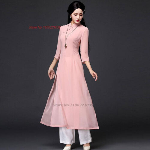 2024 traditional folk style aodai dress+pants set vietnam chiffon aoda