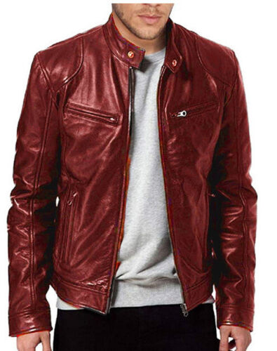 Fashion Mens Leather Jacket Slim Fit Stand Collar PU Jacket Male Anti-