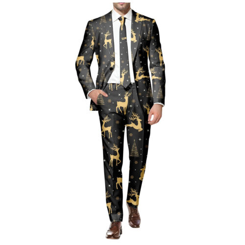 Blazer Men's Christmas 2 Piece Suit Set Snowflake Print Suit Jacket An