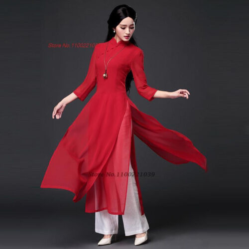 2024 traditional folk style aodai dress+pants set vietnam chiffon aoda