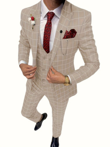 Elegant Men's Suit 3 Pieces Plaid Tuxedos Business Suits Slim Fit Doub