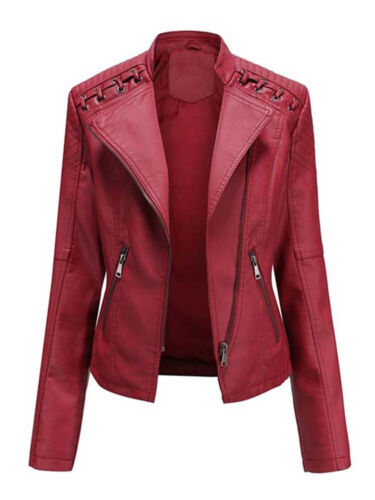 Women's Faux Leather Jackets Autumn Winter Long Sleeve Zipper Slim Mot