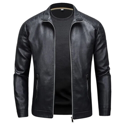 Motorcycle PU Leather Jacket Men Blue Leahter Jacket Male Stand Collar