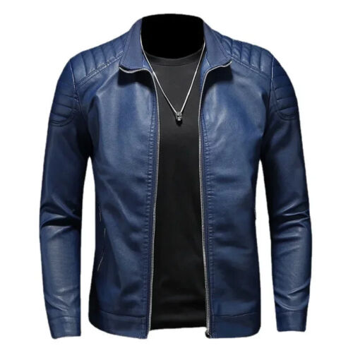 Motorcycle PU Leather Jacket Men Blue Leahter Jacket Male Stand Collar