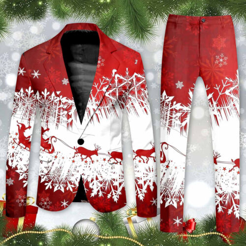 Blazer Men's Christmas 2 Piece Suit Set Snowflake Print Suit Jacket An