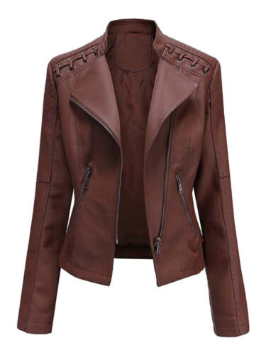 Women's Faux Leather Jackets Autumn Winter Long Sleeve Zipper Slim Mot