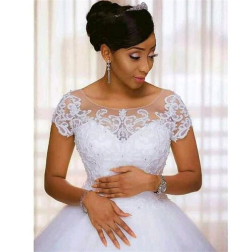 Vintage Lace Appliques African Beading Wedding Dresses Short Sleeves V