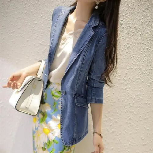 Vintage Suit Women Jeans Jacket Casual Tops Loose Short Denim Blazer O