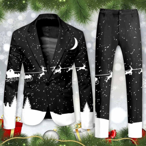 Blazer Men's Christmas 2 Piece Suit Set Snowflake Print Suit Jacket An