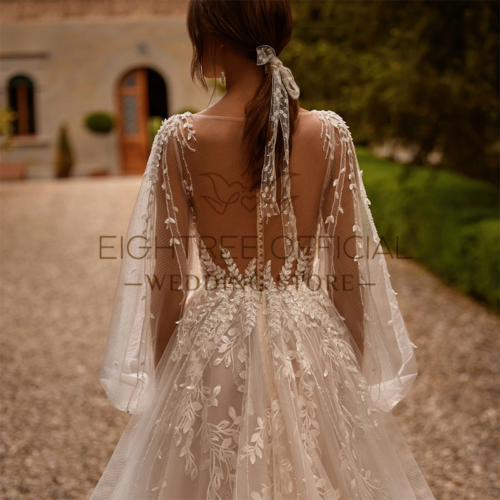 Eightree Elegant Wedding Dresses A-Line V Neck Appliques Puff Sleeve W