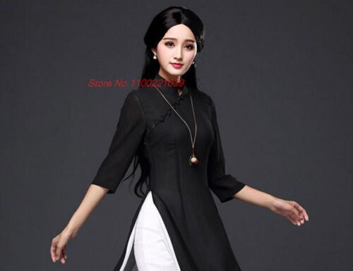 2024 traditional folk style aodai dress+pants set vietnam chiffon aoda