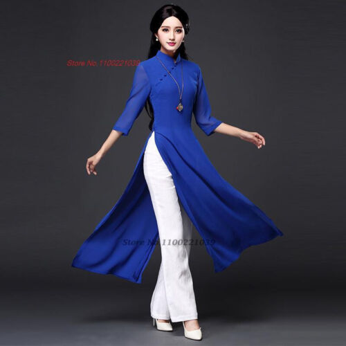 2024 traditional folk style aodai dress+pants set vietnam chiffon aoda