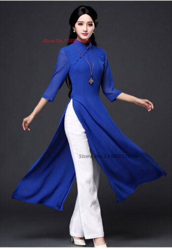 2024 traditional folk style aodai dress+pants set vietnam chiffon aoda