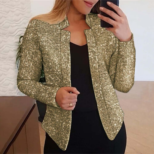 Fashion Sequin Blazer Long Sleeves Slim Fit Cardigan Women Open Front