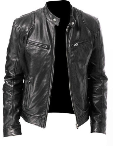 Fashion Mens Leather Jacket Slim Fit Stand Collar PU Jacket Male Anti-