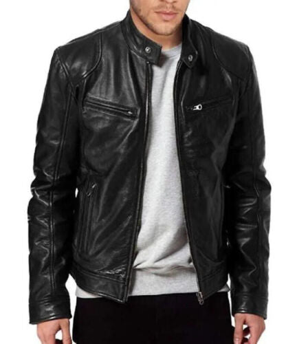 Fashion Mens Leather Jacket Slim Fit Stand Collar PU Jacket Male Anti-