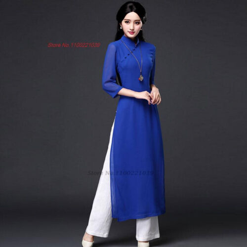 2024 traditional folk style aodai dress+pants set vietnam chiffon aoda