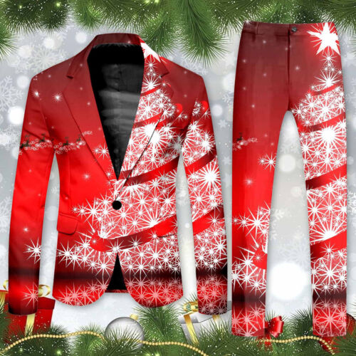 Blazer Men's Christmas 2 Piece Suit Set Snowflake Print Suit Jacket An